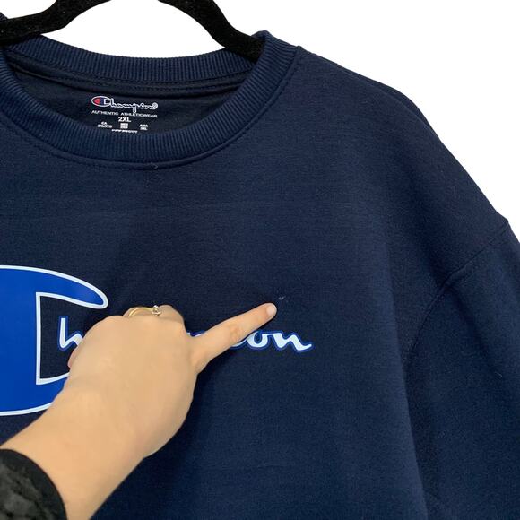 Champion Logo Graphic Pullover Crew Neck Sweatshirt Men's Sz 2XL Navy Athleisure - Picture 7 of 7